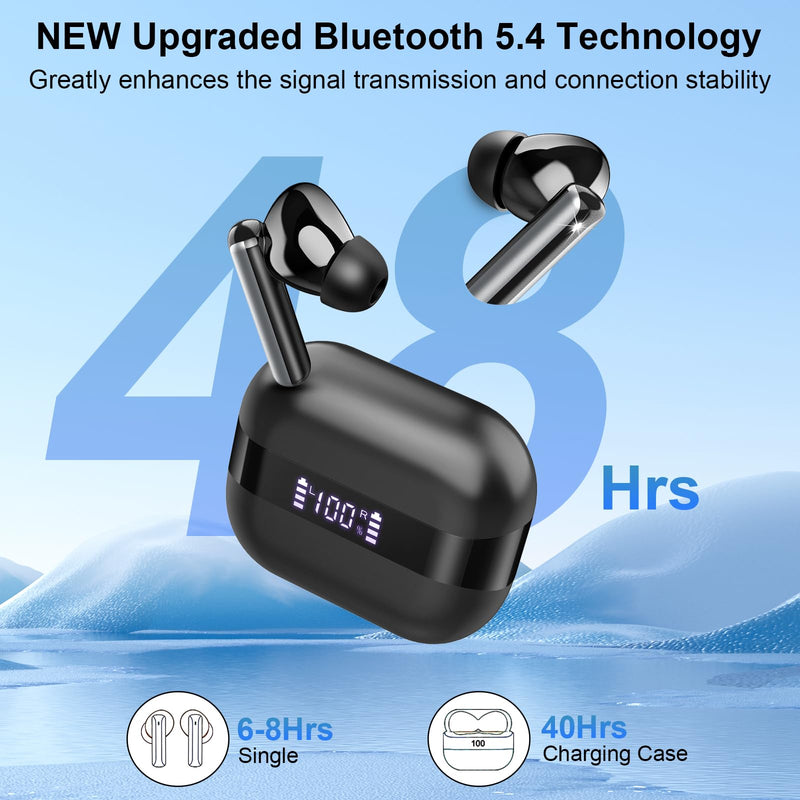 Wireless Earbuds, 2026 Bluetooth 5.4 Headphones Bass Stereo, Ear Buds with 4 Mics ENC Noise Cancelling, Bluetooth Earbuds 48H Playtime LED Display Charging Case, IP7 Waterproof in Ear Earphones, Black Light Black