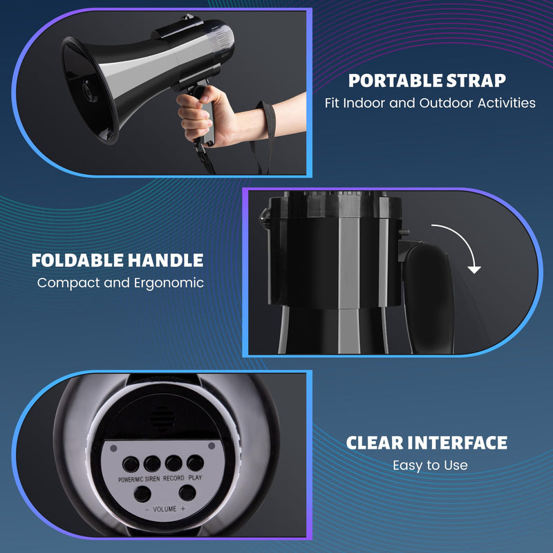 30 Watt Power Portable Megaphone Bullhorn Speaker Voice, Siren/Alarm and 240S Recording with Volume Control and Strap Black
