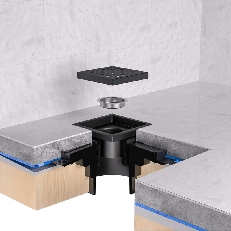 EXF 6-Inch Square Shower Drain with ABS Flange Base, Matte Black 304 Stainless Steel Floor Drain, Removable Grate and Hair Strainer for Modern Bathroom Remodels and Curbless Showers 6IN