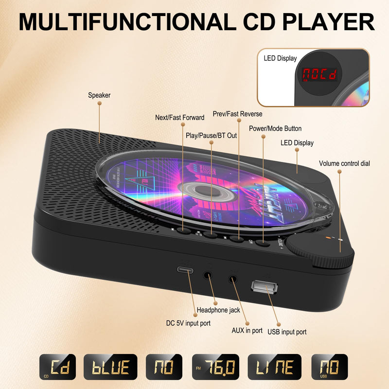 Portable CD Player with Bluetooth 5.4 for Daily Home Use & Gift,Exercise | Desktop CD Players with HiFi Speakers, LED Display, Remote Control, Charging Cable, Timer, FM Radio, USB, AUX, Headphone Jack Black