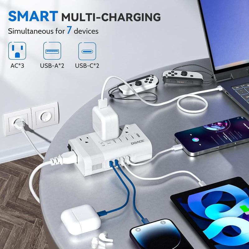 DOACE 220V to 110V Converter for European Travel - 350W Voltage Converter US to Europe with 4 QC+PD Chargers for Using U.S. Devices Abroad - Hair Straightener Shaver Toothbrush Laptop Camera Phone White