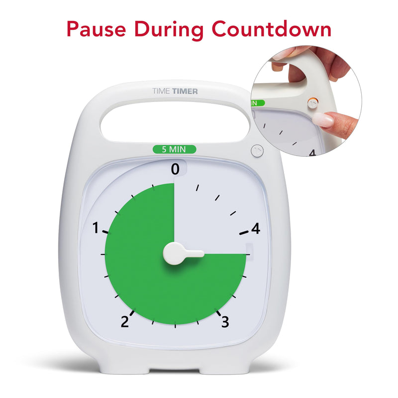 TIME TIMER PLUS 5 Minute Desk Visual Timer - Countdown Timer with Portable Handle for Classroom, Office, Homeschooling, Study Tool with Silent Operation (White) 5 Minutes