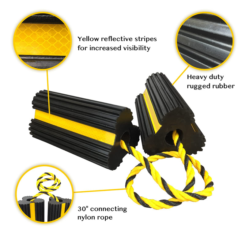 2 Pair Rubber Heavy Duty Dual Wheel Chocks Front and Back, RV Leveling Blocks Non Slip Base with Nylon Rope Yellow Reflective Tape for Travel Trailers, Car, Camper, Truck (4 Pack) 2 PAIR