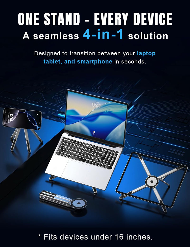 4-in-1 Foldable Laptop Stand & Magnetic Phone Holder, Silver Aerospace Aluminum Portable Desk Mount with N52 MagSafe Compatible Tripod Handle for MacBook Pro, iPad, Travel & Vlogging