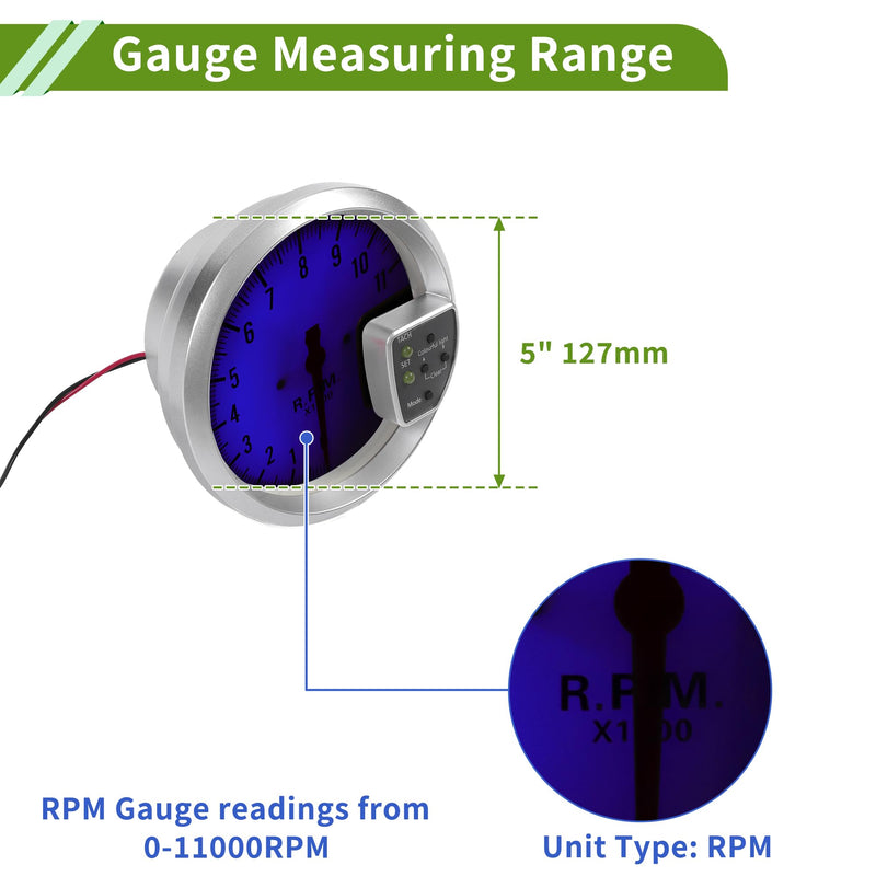 5" 127mm Tachometer Gauge Colorful Pointer RPM Tachometer Tach Gauge 0-11000RPM W/Sensor and Bracket Car DC 12V