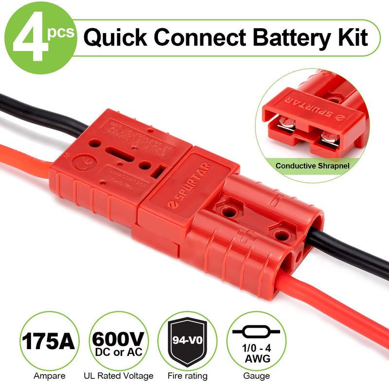 Spurtar 175A Battery Quick Connect/Disconnect, 1/0 AWG Wire Harness Plug Connector, 12-36V Quick Connect Jumper Cables for Car ATV Lifts Motors Trailer Towing Winch Quick Connect Systems, 4PCS, Red 4 Pack