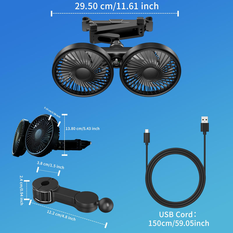Rechargeable Car Fan for Backseat Kids Baby, Battery and USB Dual Power Car Fans with LED Display,Powerful 3 Speeds 360° Rotatable Dual Head Cooling Car Seat Fan for Sedan SUV RV Truck Vehicle Large