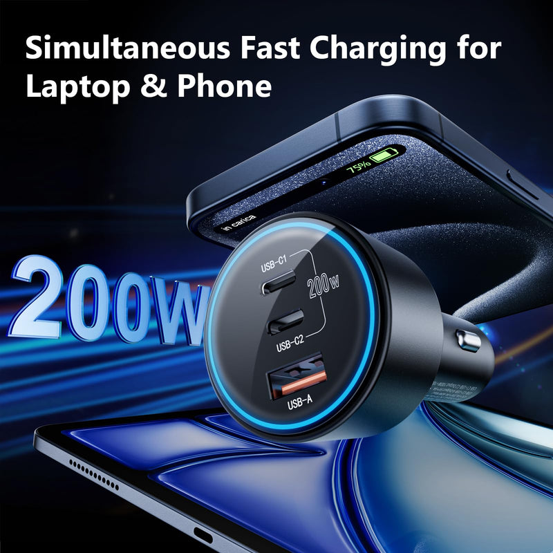 USB C Car Charger, 2Pack 3-Port 200W Dual USB-C & USB-A Phone Car Charger Adapter PD/QC Fast Charging Cigarette Lighter for Phone 16 15 14 13 12 Pro Max, Laptop MacBook Samsung Galaxy S24