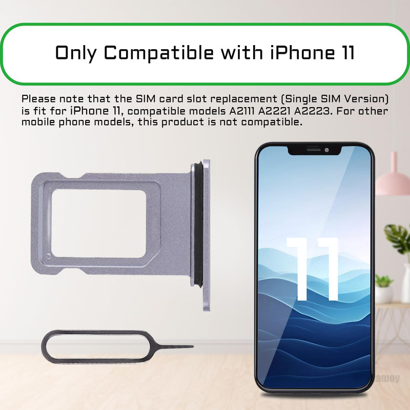 for iPhone 11 Purple SIM Card Slot Replacement Single SIM Version for iPhone11 Card Tray Holder Adapter with Waterproof Rubber Ring Repair Tool Fix Kit Needle Ejector for A2111 A2221 A2223