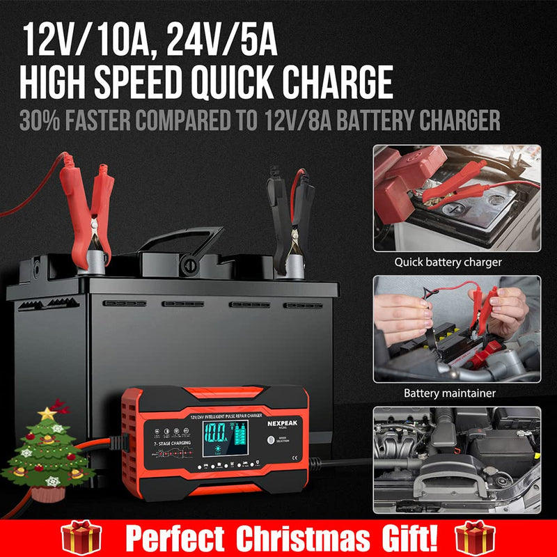 NEXPEAK NC201 10-Amp Battery Charger, Smart Trickle Charger 12V 24V Car Battery Charger Fully Automatic Maintainer Desulfator w/Temp Compensation for Car Truck Lawn Mower Boat Marine Batteries