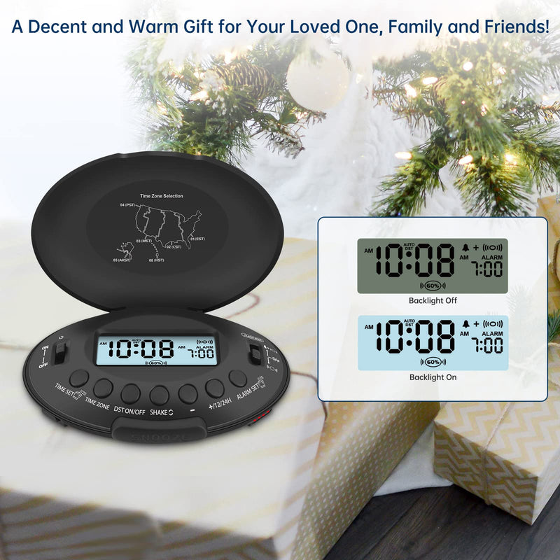 DreamSky Vibrating Alarm Clock for Heavy Sleepers - Bed Shaker Alarm Clock Under Pillow for Adults Teens Kids & Hearing Impaired, Rechargeable Battery Operated for Bedroom, Travel, Auto DST, Backlight Black