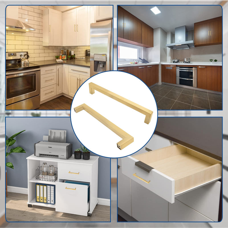 12 Pack Brushed Gold Cabinet Pulls Square Dresser Handles, 7-1/2 Inch / 192mm Hole to Hole Cabinet Handles Stainless Steel Cabinet Hardware, Kitchen Drawer Pulls for Cupboard Wardrobe Vanity Hole to Hole: 7-1/2 Inch Brushed Gold- 12 Pack