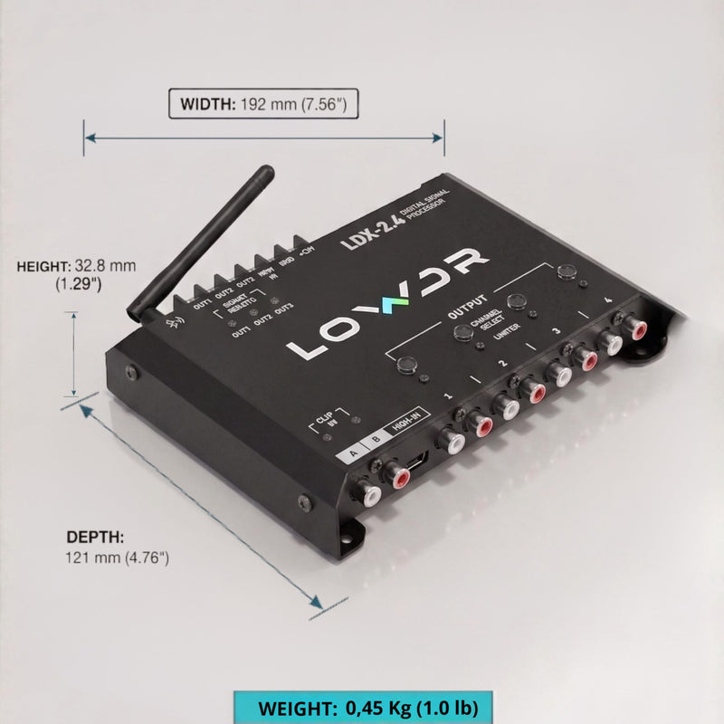 LOWDR Car Audio LDX 2.4 Digital Signal Processor and Equalizer, 4 Output 2 Input DSP with Bluetooth App Control, Parametric EQ, Crossover, and Limiter