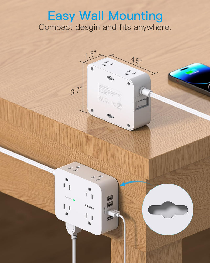 15 Ft Long Extension Cord with Multiple Outlets, Flat Plug Power Strip | Surge Protector, 1080J, 8 Outlets 4 USB Ports(2 USB C), Desk Outlet Extender, Wall Mount, Home Office Dorm Room Essentials 15ft White