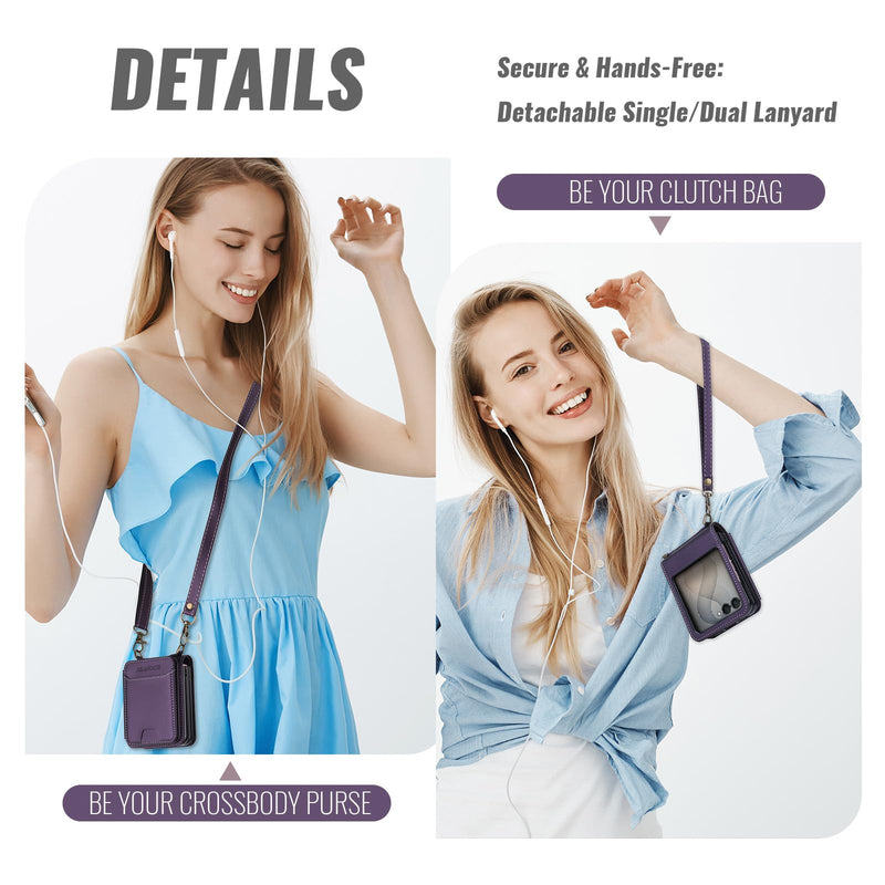 for Samsung Galaxy Z Flip 8 PU Leather Wallet Phone Case with Card Slots (Holds 5 Cards), Anti-Drop Protection, Wrist & Shoulder Strap Purple Galaxy Z Flip 8 5G