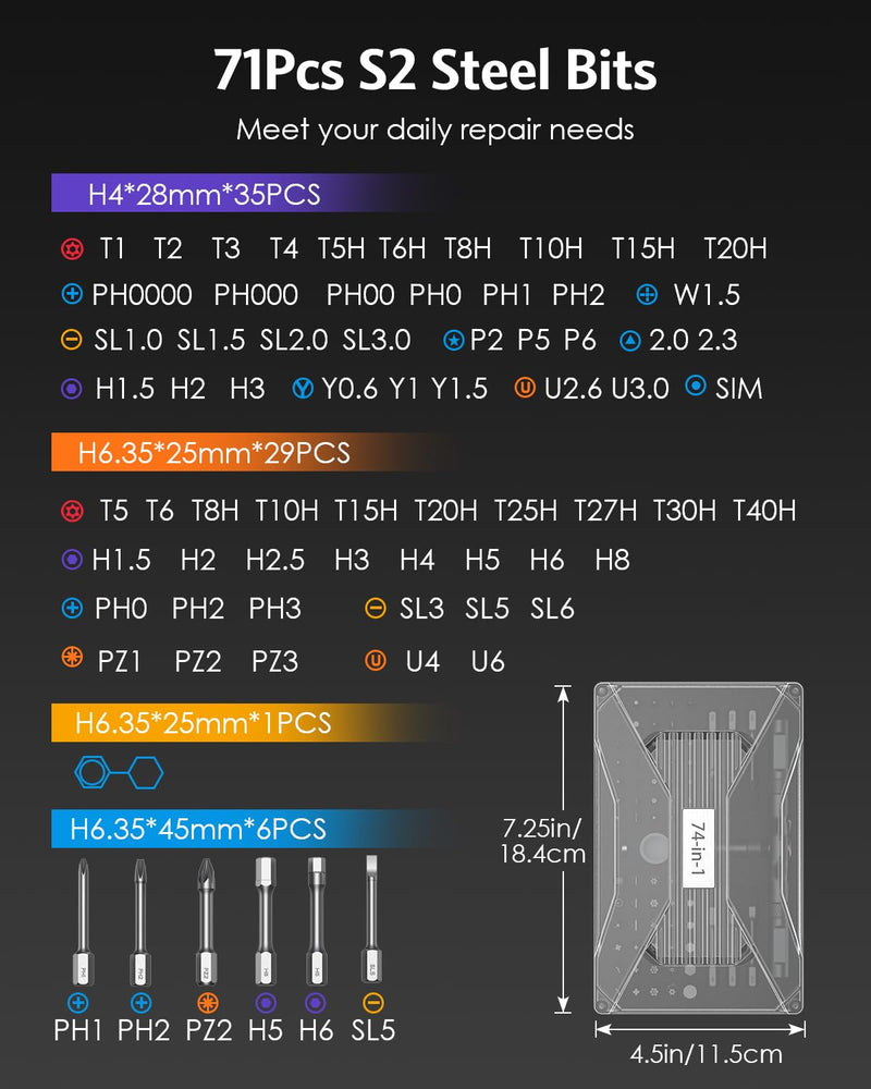 AMIR 74 in 1 Ratchet Screwdriver Set, Upgraded DIY Magnetic Screwdriver Set with Detachable Handle, Multi Bit Repair Tool Kit for Computer, Electronics, Furniture, Bicycle, Appliance, Doorbell Black