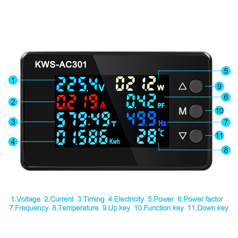 AC Voltmeter Ammeter 50-300V 0-100A Digital Multimeter 110V 220V LCD HD Display Current Voltmeter With Closed Current Transformer 8 In 1 Multifunction Electric Energy Meter Power Detector 100A with Closed Current Transformer