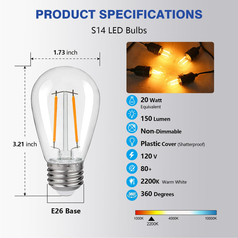 S14 Replacement LED Light Bulbs, Shatterproof & Waterproof 2W S14 LED Bulbs, Outdoor String Lights , E26 Base Patio Edison LED Light Bulbs, Warm White 2200K Plastic 150LM Non-Dimmable 48 Pack 2w 48pack