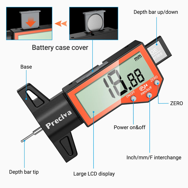 Preciva Tire Tread Depth Gauge, Digital Tire Depth Gauge with Large LCD Display and Inches, Millimeters, Fraction Conversion, Tread Depth Gauge Suitable for Thread Depth, Brake Shoe and Pad Wear Orange