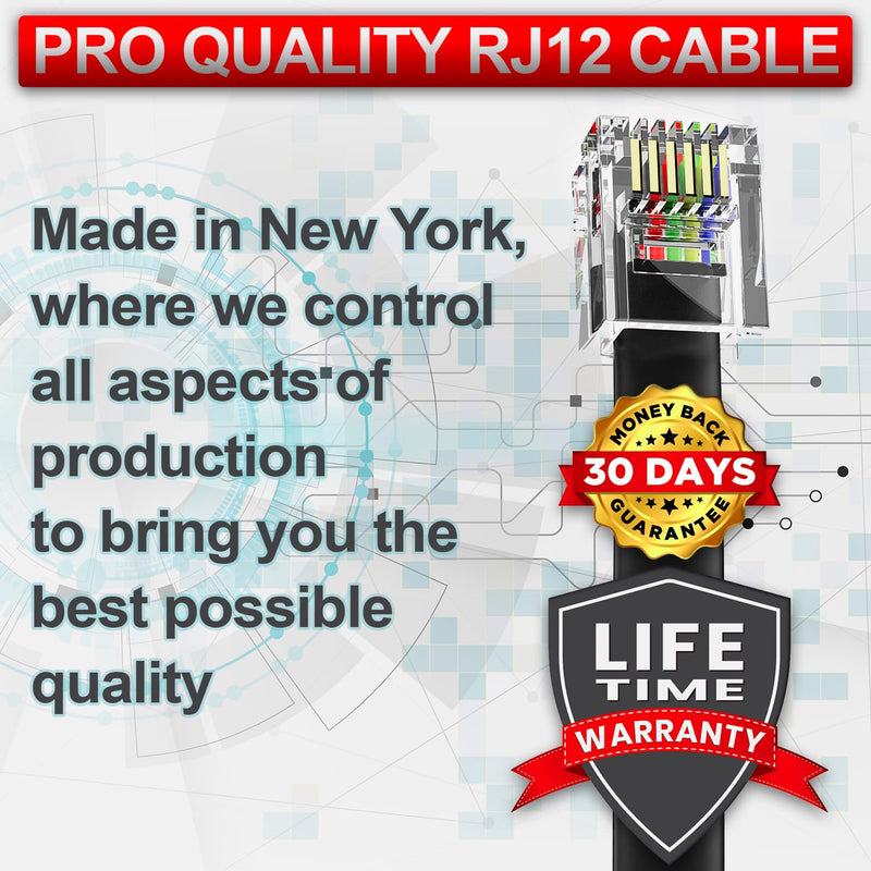 2-Pack 4 Feet Black RJ12 6P6C Straight Wired Cable, Pro Grade Data and Voice Phone Line Cord - Made in USA Black (Straight Wiring)