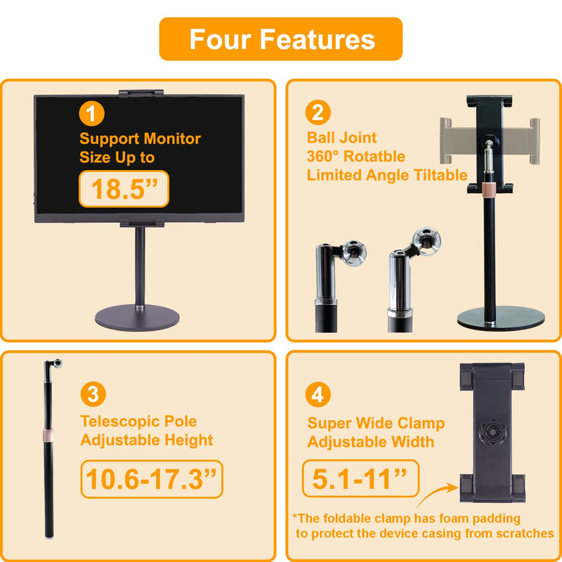 Portable Monitor Stand Tablet Stand for Desk Kindle Holder with Metal Disk, Telescopic Pole and Super Wide Clamp Portable Monitor Mount 15.6 inch 18.5 inch FL12C