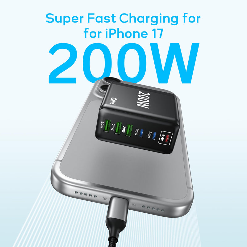 2 Pack USB C Charger Block, 200W GaN Super Fast Charger Type C Fast Charging 6 Port Foldable PD Charging Station for All Phone/Android Samsung Galaxy S25/S24/MacBook iPad Black