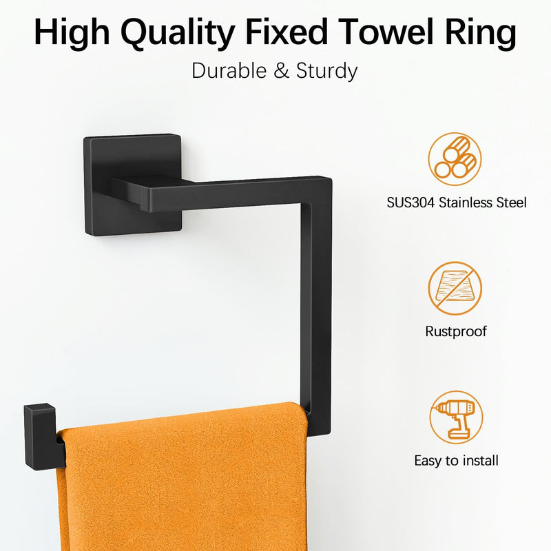 KLJKPA Square Towel Ring, Hand Towel Holder for Bathroom Wall Mount, Black | Toilet Paper Holder, Heavy Duty Towel Hanger for Shower, Kitchen, Stainless Steel, Space Saving, Multifunctional