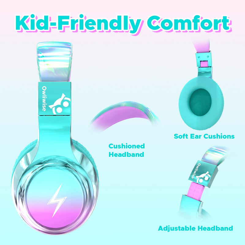 Owliwise Kids Headphones for School and Travel, Safe 85/94dB Volume Limiter, HD Microphone, Stereo Sound, Over-Ear Foldable Wired Headphones, 3.5mm Jack for iPad Cord Tablet Computer, Boys Girls Cyan