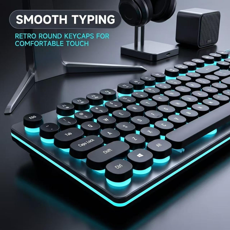 Vintage Round Keycaps Wired Keyboard with RGB LED Backlight, Quiet Gaming Keyboard for PC, Laptop, Desktop, Office & Home(Black) Black2