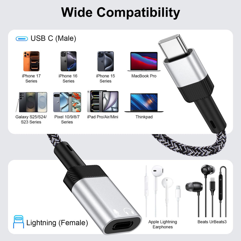USB C to Lightning Headphone Audio Adapter for iPhone 17e 17 Air Pro Max Air 16e 16 15 Pro Max Plus,iPad,MacBook, USB C Male to Lightning Female Earbuds Audio Adapter Earphone Converter (NO CHARGE) Gray