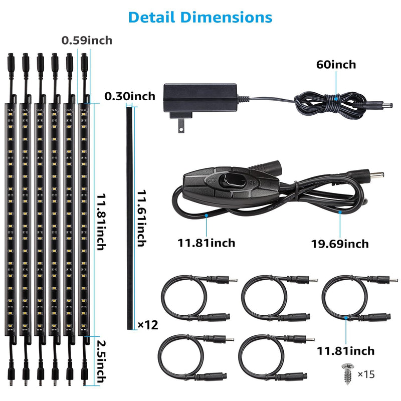 TORCHSTAR LED Safe Lighting Kit, (6) 12 Inch Linkable Light Bars + Rocker Switch + UL Power Adapter, 900LM, Input 100-240V, for Under Cabinet Gun Safe Locker Closet Showcase, 5000K Daylight Daylight (5000K)