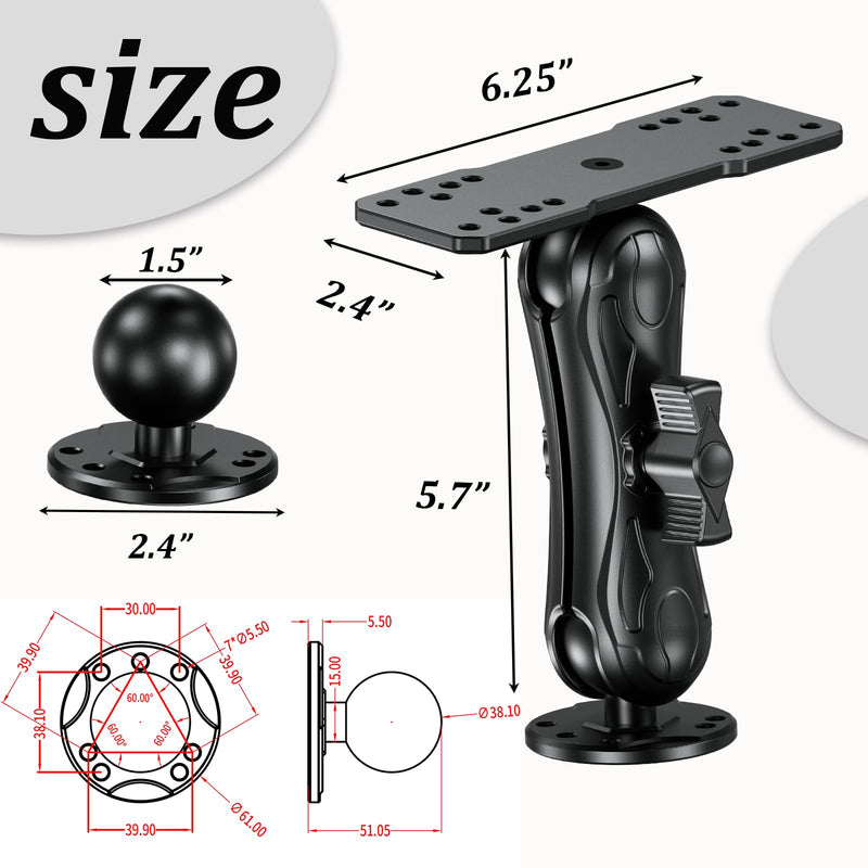 LOKTENWO Aluminum Fish Finder Mount for Boat with 1.5" Ball & 5.7" Arm | Heavy Duty Universal Marine Electronic Mount Compatible with Garmin, Lowrance, Humminbird, Raymarine