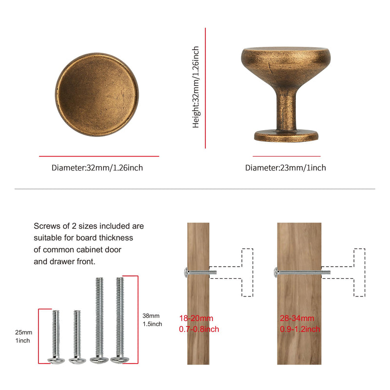 Sailing 10 Pack Cabinet Knob- Antique Brass Cabinet Handles Kitchen Cabinets Bedroom Dresser Drawer Handles Knobs 1.26"(32mm) Diameter Knob-10Pcs
