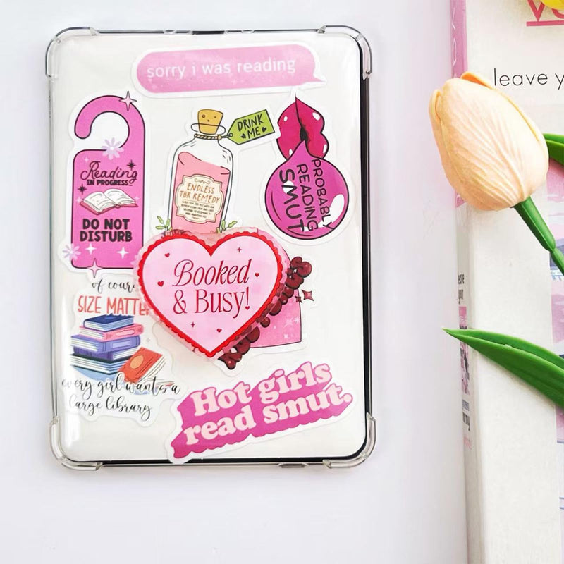 Cute Pink Heart Expandable Collapsible Grip, for with Kindle E-Readers, iPhones and Smartphones,Rotating Folding Elastic Base, A Gift for Book Lover Booked&Busy