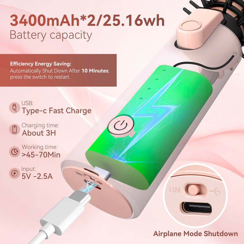 Cordless Curling Iron Brush, 3-in-1 Portable Travel Hair Curler & Straightener Wand, 7000mAh USB Rechargeable, 4 Heat Settings Anti-Scald Ionic Mini Hot Brush for Styling, Smoothing (Pink) Pink