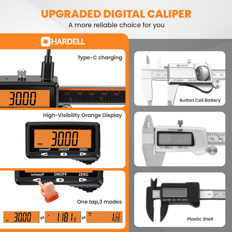 HARDELL Digital Caliper, 6" Rechargeable Caliper Measuring Tool with Large Orange Screen (Non-Backlit), Stainless Steel Digital Micrometer with Auto-Off, Inch/MM/Fraction for DIY/Household/3D-Printing | Precise Measurements, Digital Display 6 Inch