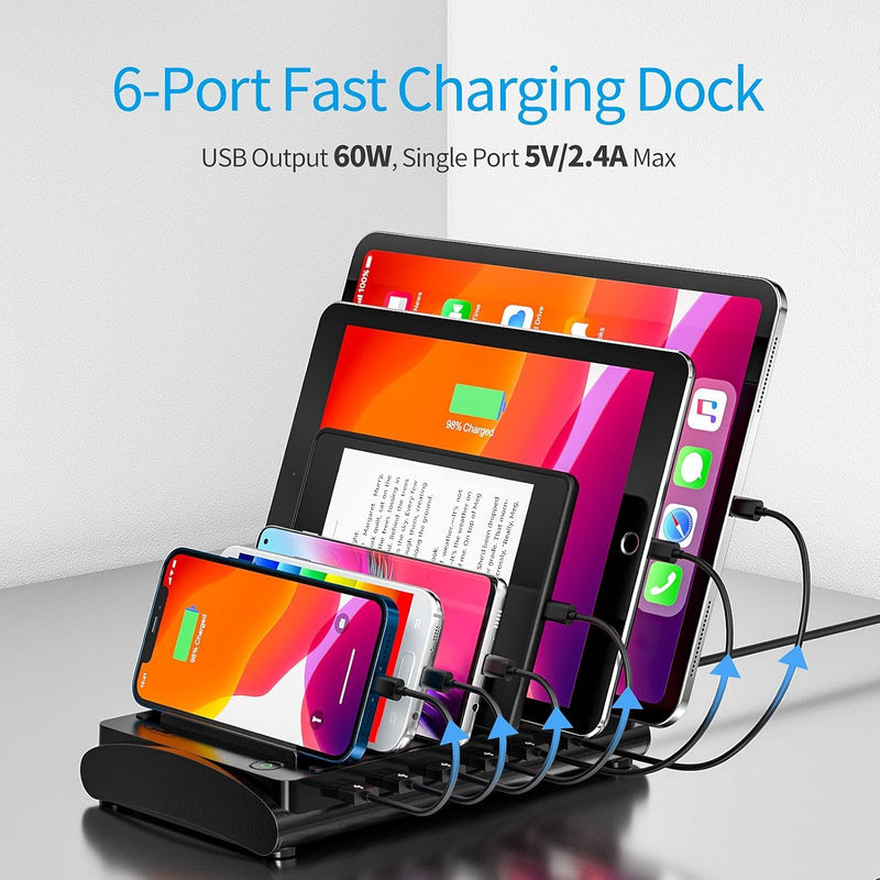 Charging Station for Multiple Devices, Bototek 60W 6 Ports Multi Charger Station for iPhone, iPad, Cell Phone, Tablets, and Other Electronics (6 Ports-Black) 6 ports-black