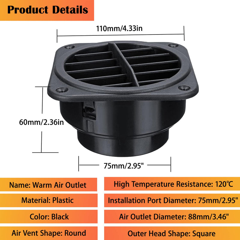 Warm Air Vent Outlet,2pcs 360 Degrees Rotatable Car Heater Duct Hose Pipe Warm Air Vent Outlet for Parking Heater Air Conditioner Steering Car Bus Boat Eberspacher, Webasto, Propex Heaters (75mm) 75mm
