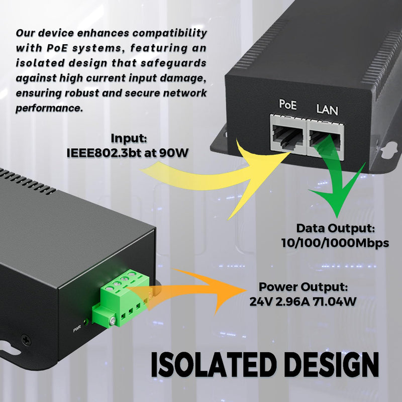 PROCET Gigabit PoE Splitter 12V/5.95A, IEEE802.3af/at/bt Compliant 10/100/1000Mbps Ethernet Splitter for 71.4W Non-PoE PDs, High Power Communication Station/Wireless APs/, PT-PD208GBH-12 12.0 Volts (DC)