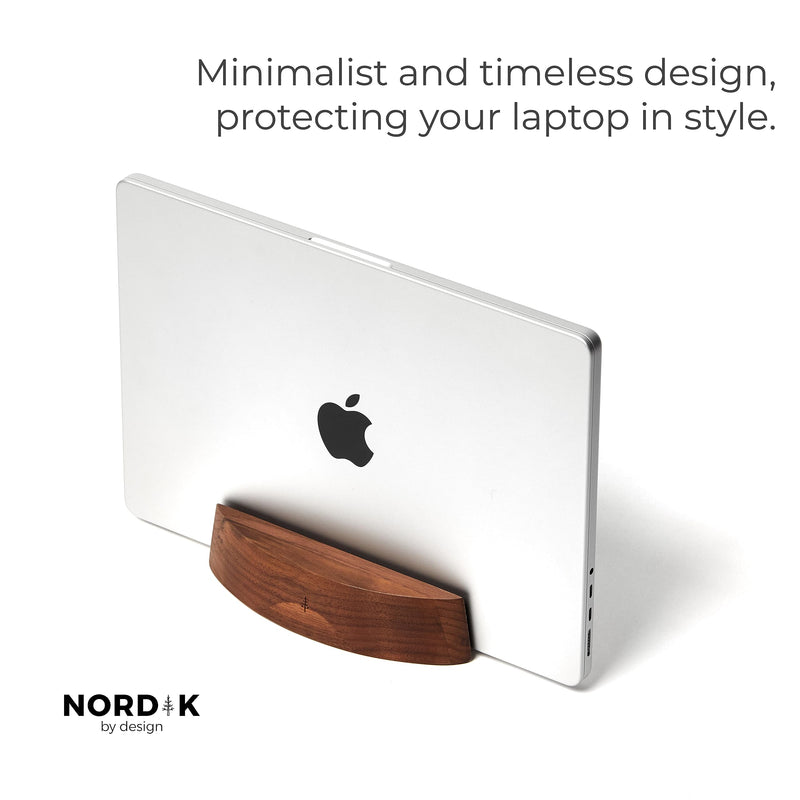Nordik Adjustable Vertical Laptop Stand - Walnut - Premium Laptop Holder for Home Office, Software Engineers - Space Saving Desk Laptop Dock - Stable Non-Slip Wood Stand - MacBook Pro