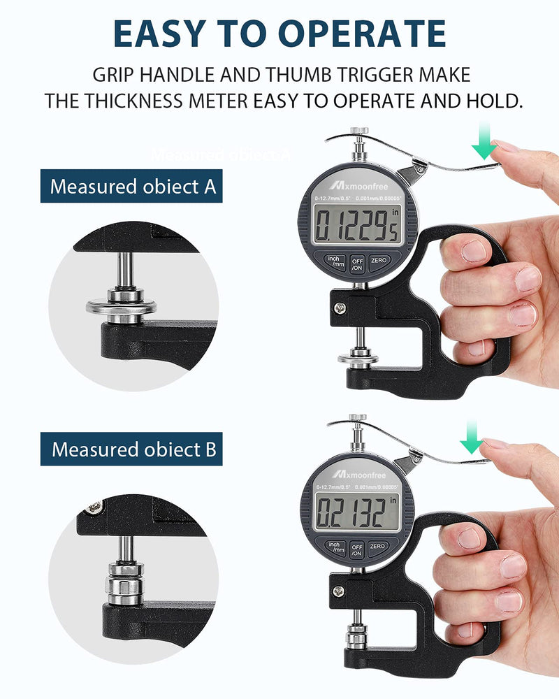 Digital Thickness Gauge 0.001mm/0.00005" | 0-12.7mm/0.5" Electronic Micrometer Thickness Meter with LCD Display, Unit Conversion, Storage Case, Extra Battery