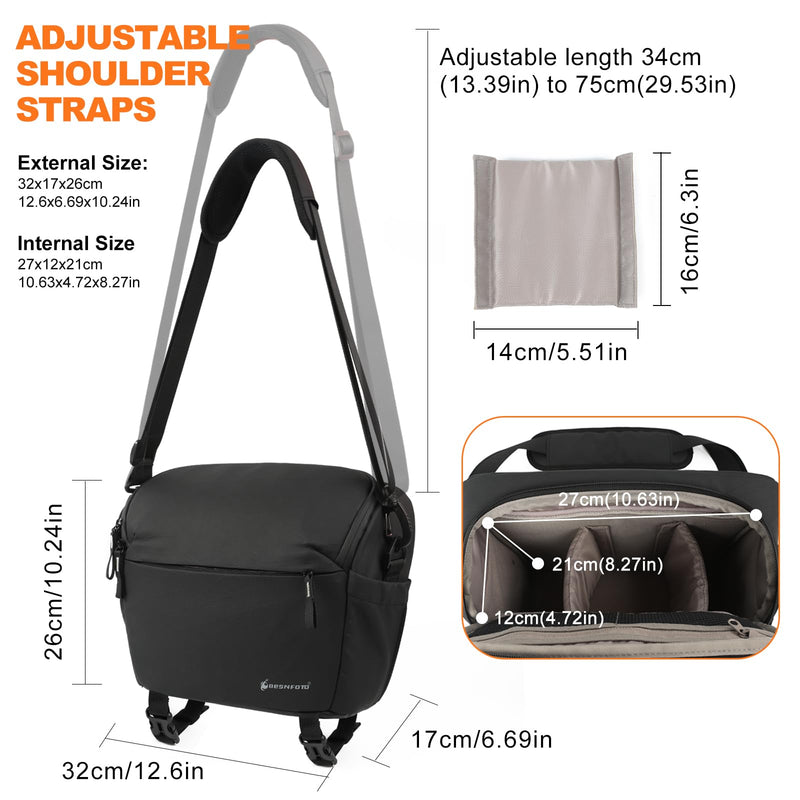 Camera Bag Crossbody Waterproof Sling Purse Case Small Photography Shoulder Messenger Bag Backpack with Tripod Holder for DSLR SLR Mirrorless Camera Black