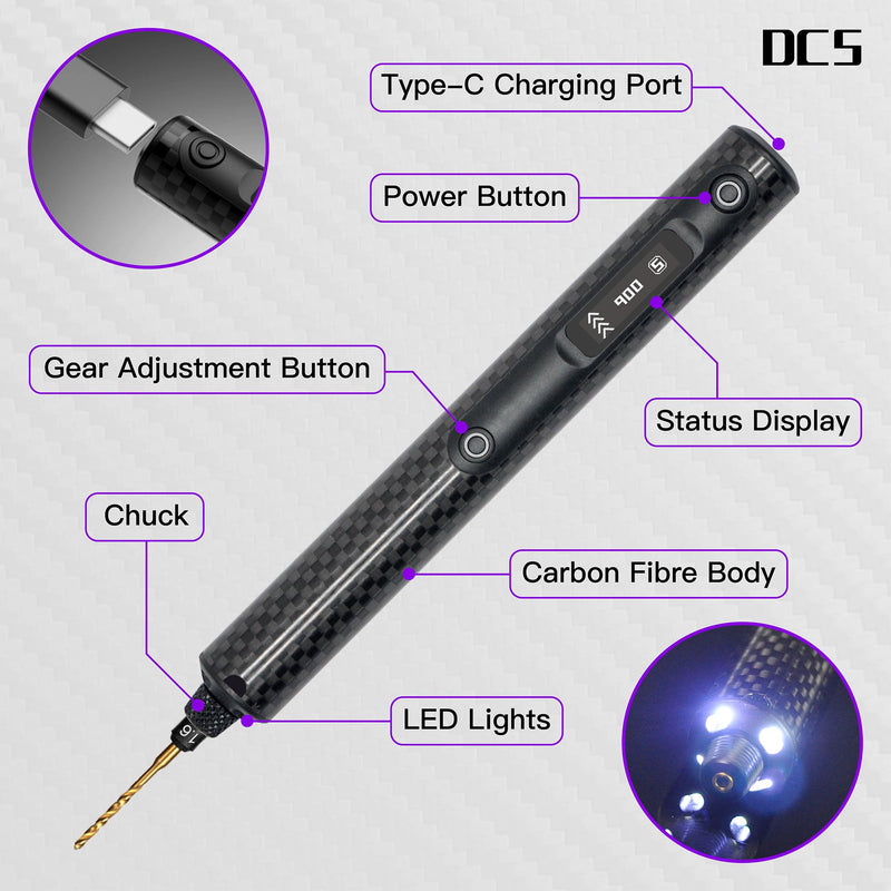 ARROWSPACE Mini Electric Drill, Smart Precision Hand Drill with OLED Display, Carbon Fiber Body, 5-Speed 900RPM High Torque, 10 HSS Bits for Resin, Jewelry Making, Wood, DIY, Black