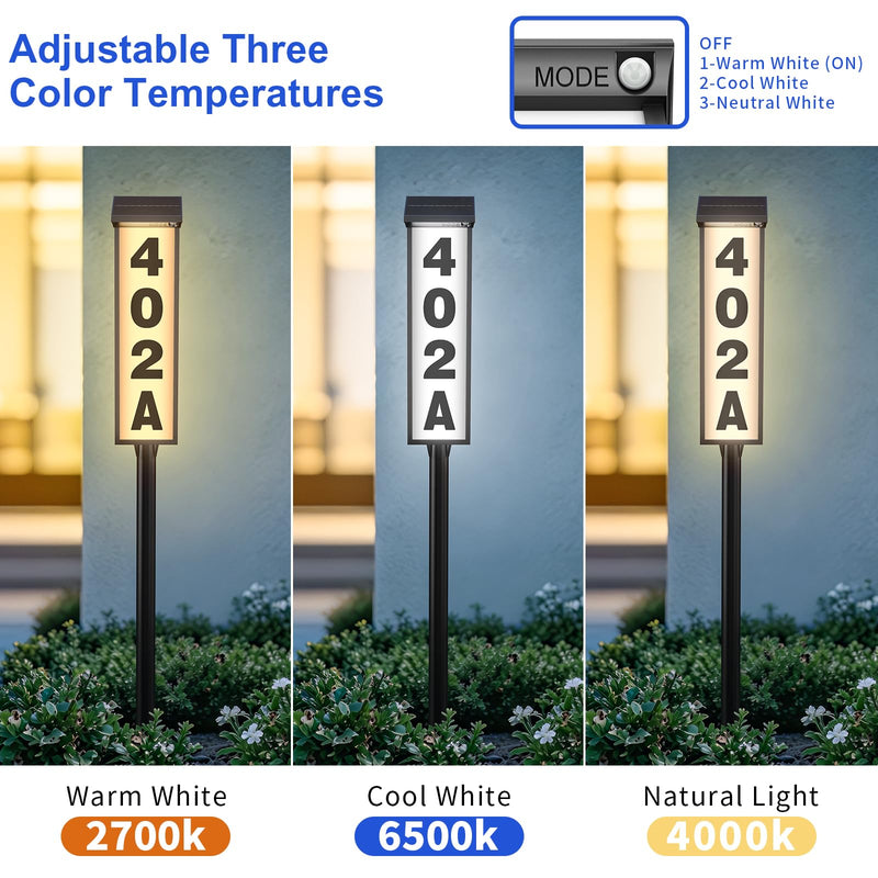 Solar Address Sign, Lighted House Numbers for Outside Waterproof, 3 Colors LED Illuminated Address Plaque with Stakes, Solar Address Numbers for House Yard Garden Street