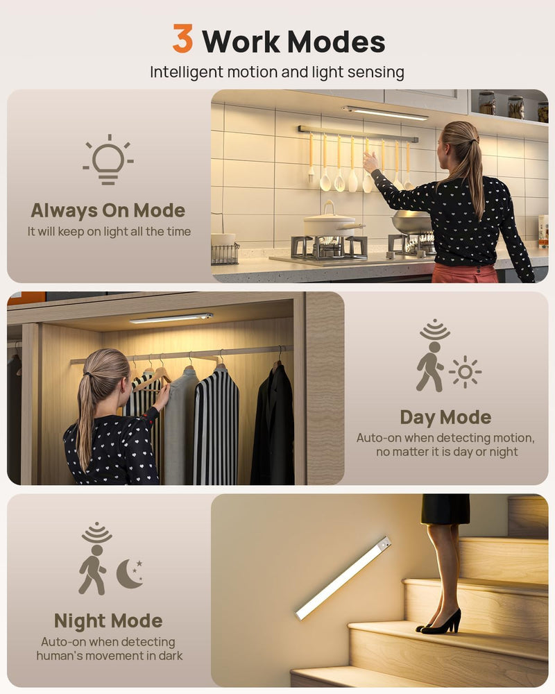 16in Under Cabinet Lighting with Remote Control,160 LED Motion Sensor Light Indoor,4000mAh USB Rechargeable Closet Lights,3 Color Temps Wireless Under Counter Lights for Kitchen,Pantry, Stair, 3 Pack White-16 Inch