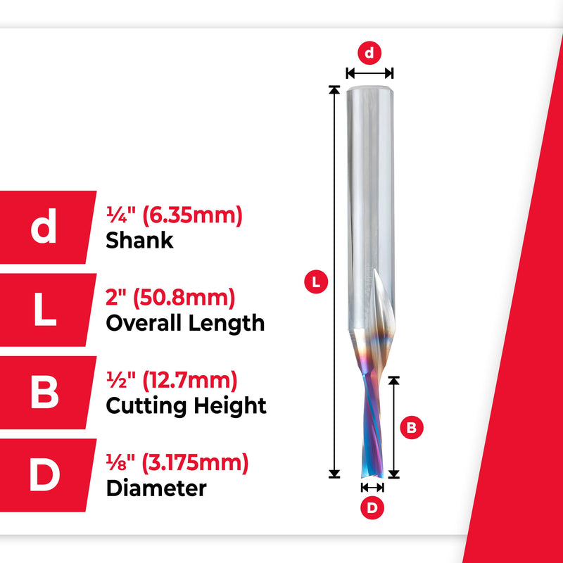 Amana Tool 46341-K Solid Carbide Spektra Extreme Tool Life CNC Down-Cut Spiral Plunge Router Bit for Wood, 1/8 D x 1/2 CH x 1/4 SHK x 2 Inch Long