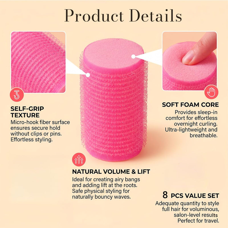 8 PCS No Hair Breakage Rollers, Large Self Grip Hair Curlers for Crown Volume, Heatless Sponge Sleep in Rollers, Volumising Velcro Hair Styling Tools for Long Short Hair, Pink