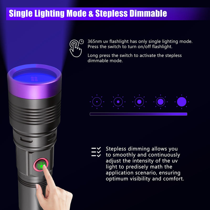 WINDFIRE 365nm UV Flashlight, Rechargeable Blacklight Flashlights Powerful, Adjustable Focus Black Light for Pet Urine Detection, Resin Curing, Rocks, Scorpions, Blood Tracking, Uranium Glass