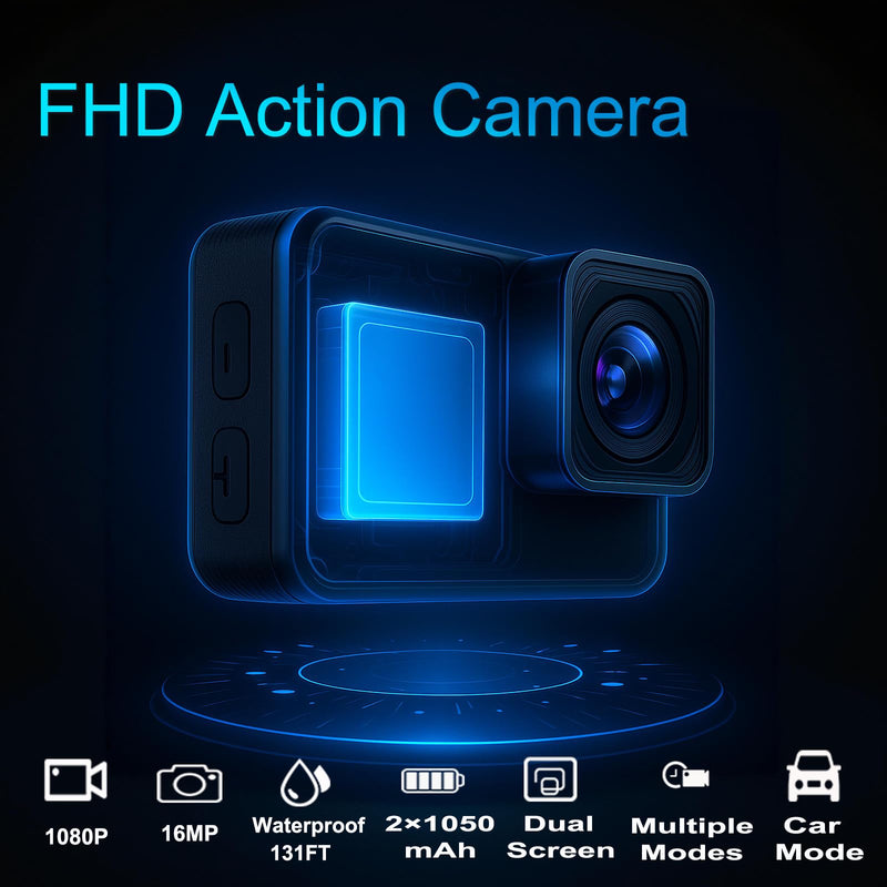 Dual Screen Action Camera, 1080P 16MP Waterproof Camera, Black | 40M Underwater Camera, with 2x1050mAh Batteries, 16GB Card & Full Accessories for Helmet, Bicycle,etc. 16.0 GB