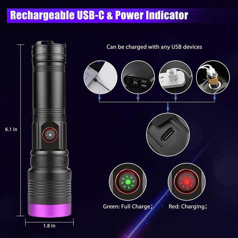 WINDFIRE 365nm UV Flashlight, Rechargeable Blacklight Flashlights Powerful, Adjustable Focus Black Light for Pet Urine Detection, Resin Curing, Rocks, Scorpions, Blood Tracking, Uranium Glass